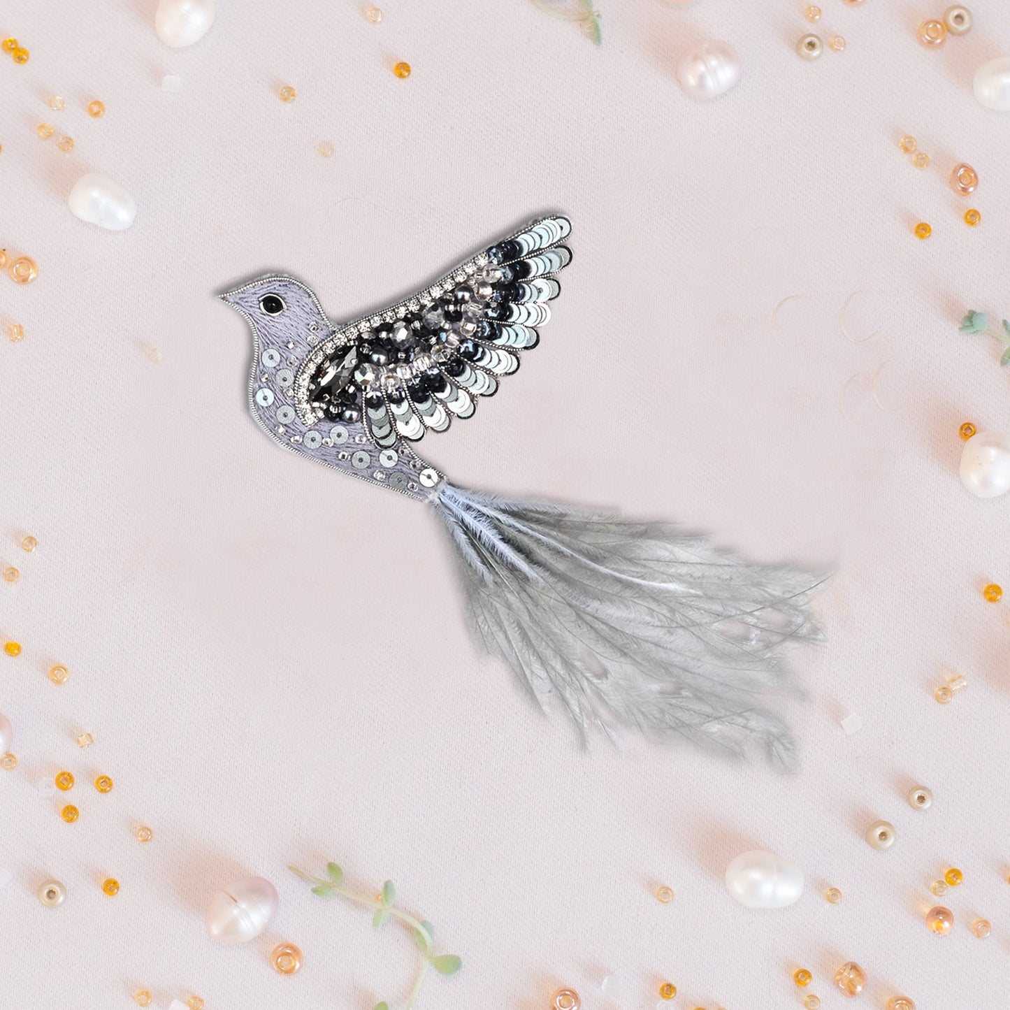 Silver Bird - Readymade Beaded Brooch