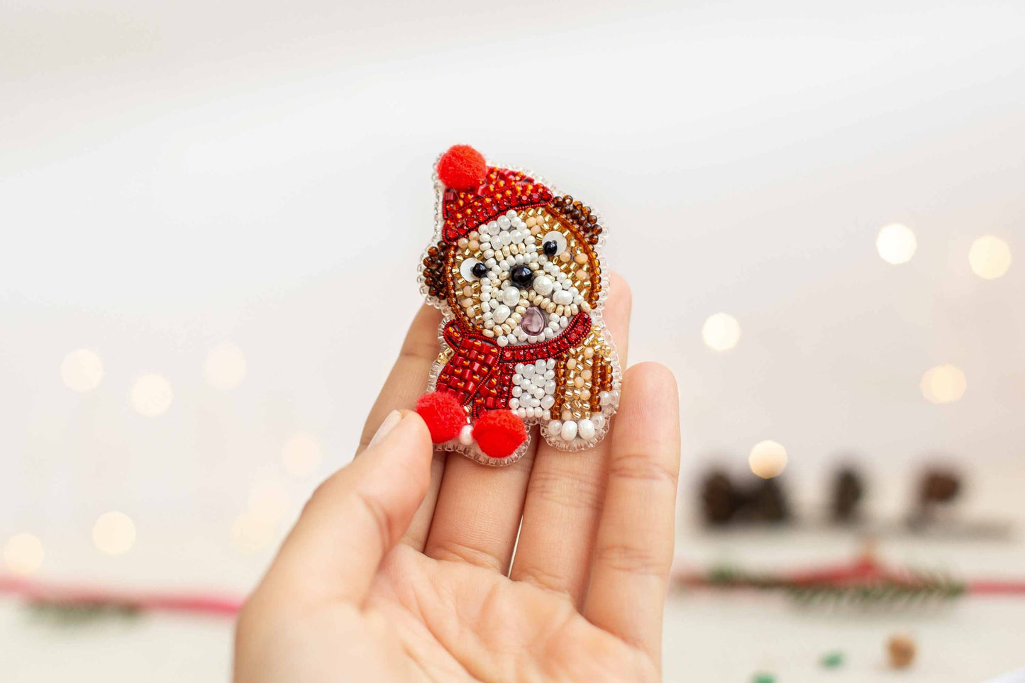 Christmas English Bulldog - Readymade Beaded Brooch