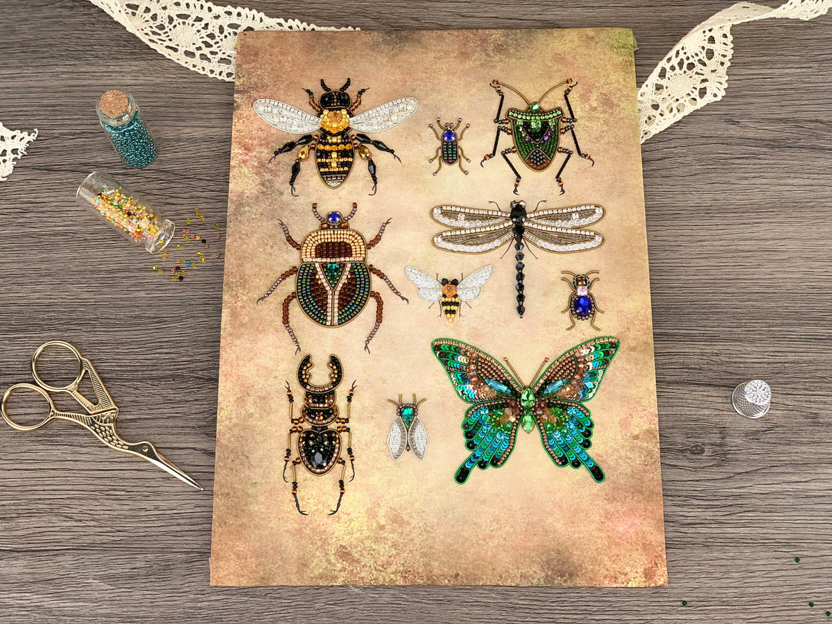 a collection of various insects, including a bee, a dragonfly, and a butterfly, arranged on a textured surface. There are also some small objects, such as a pair of scissors and a small glass bottle, scattered around the insects.