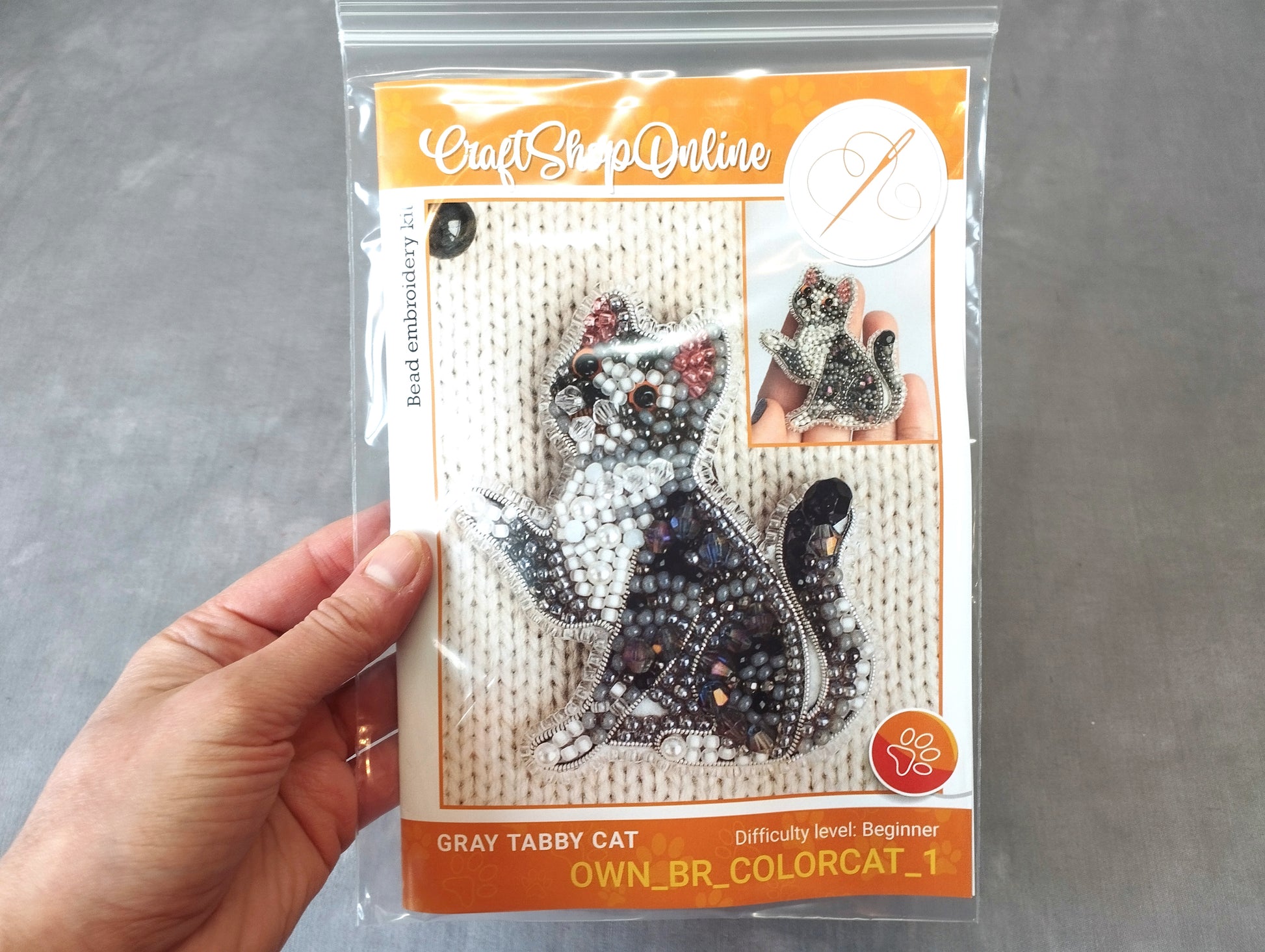 A hand holding a package containing a kit for creating a gray tabby cat embroidery.