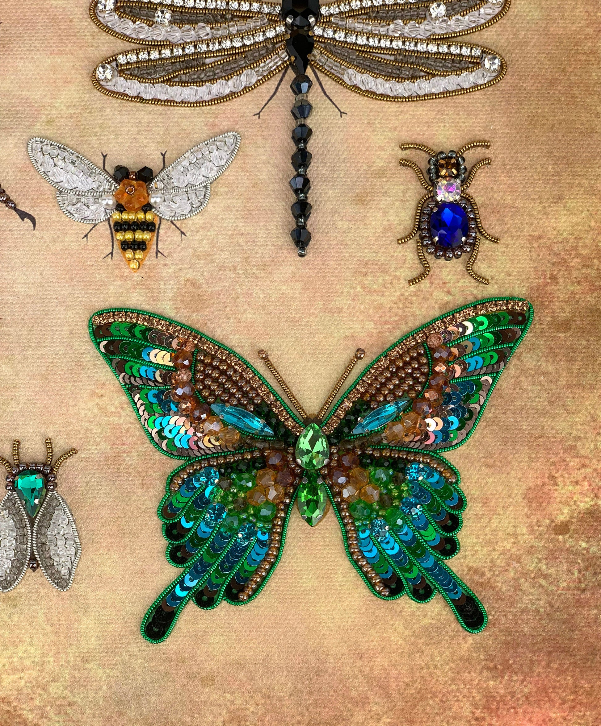 a group of insect brooches sitting on top of a piece of cloth