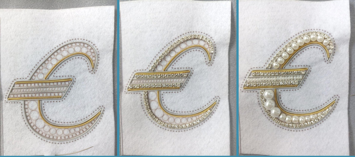 three different views of a decorative letter 'C' made of gold and white materials, including pearls and rhinestones.