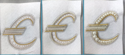 three different views of a decorative letter 'C' made of gold and white materials, including pearls and rhinestones.