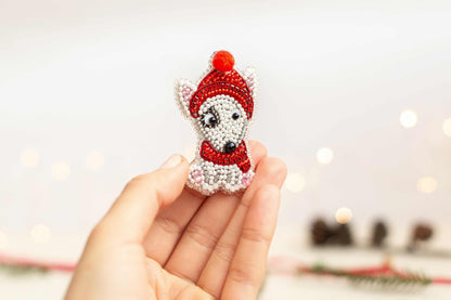 Christmas Bull Terrier Dog - Readymade Beaded Brooch