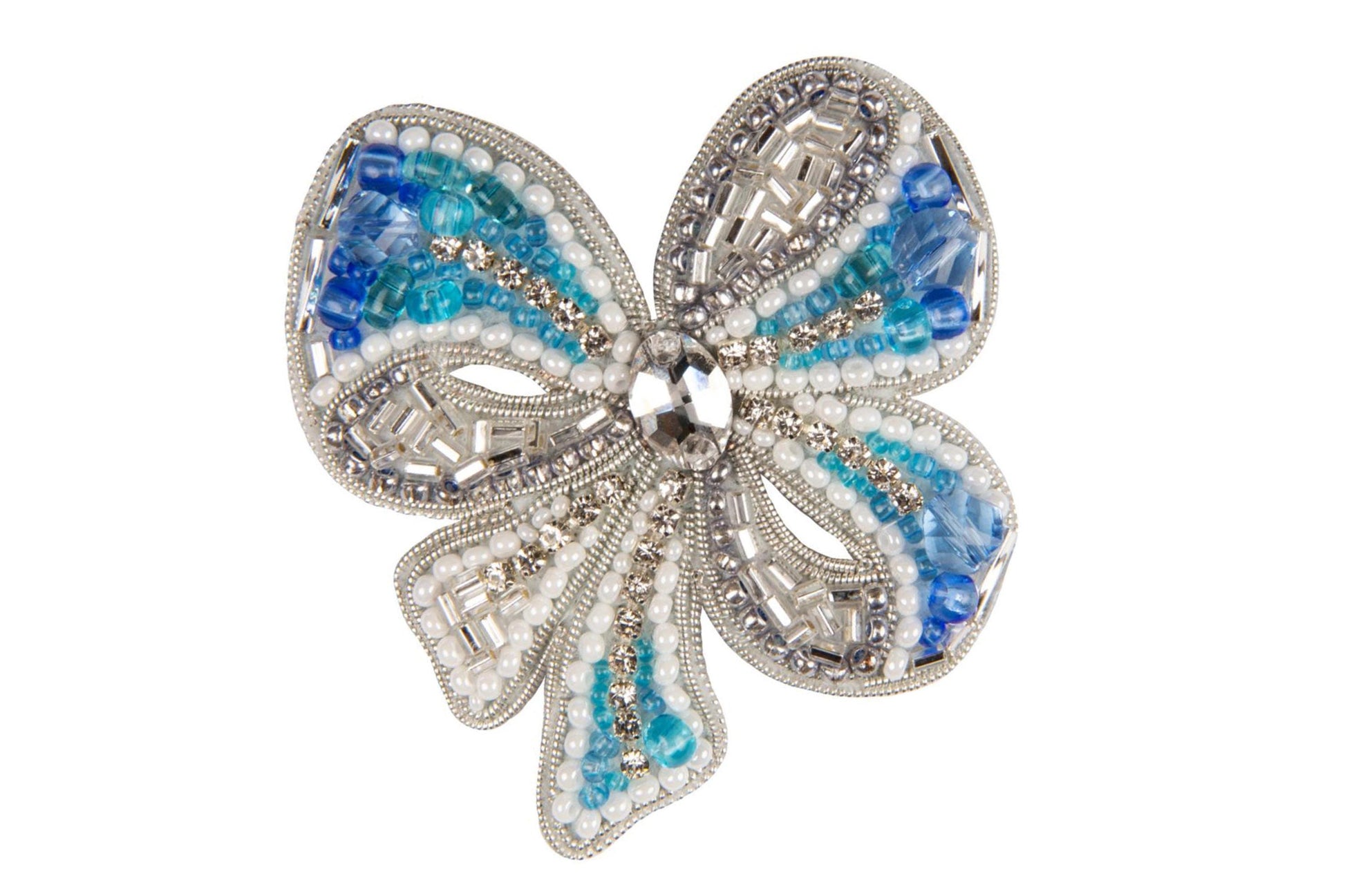a brooch with blue and white beads
