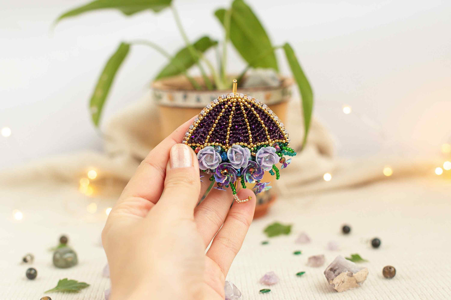 Flowered Umbrella - Readymade Beaded Brooch