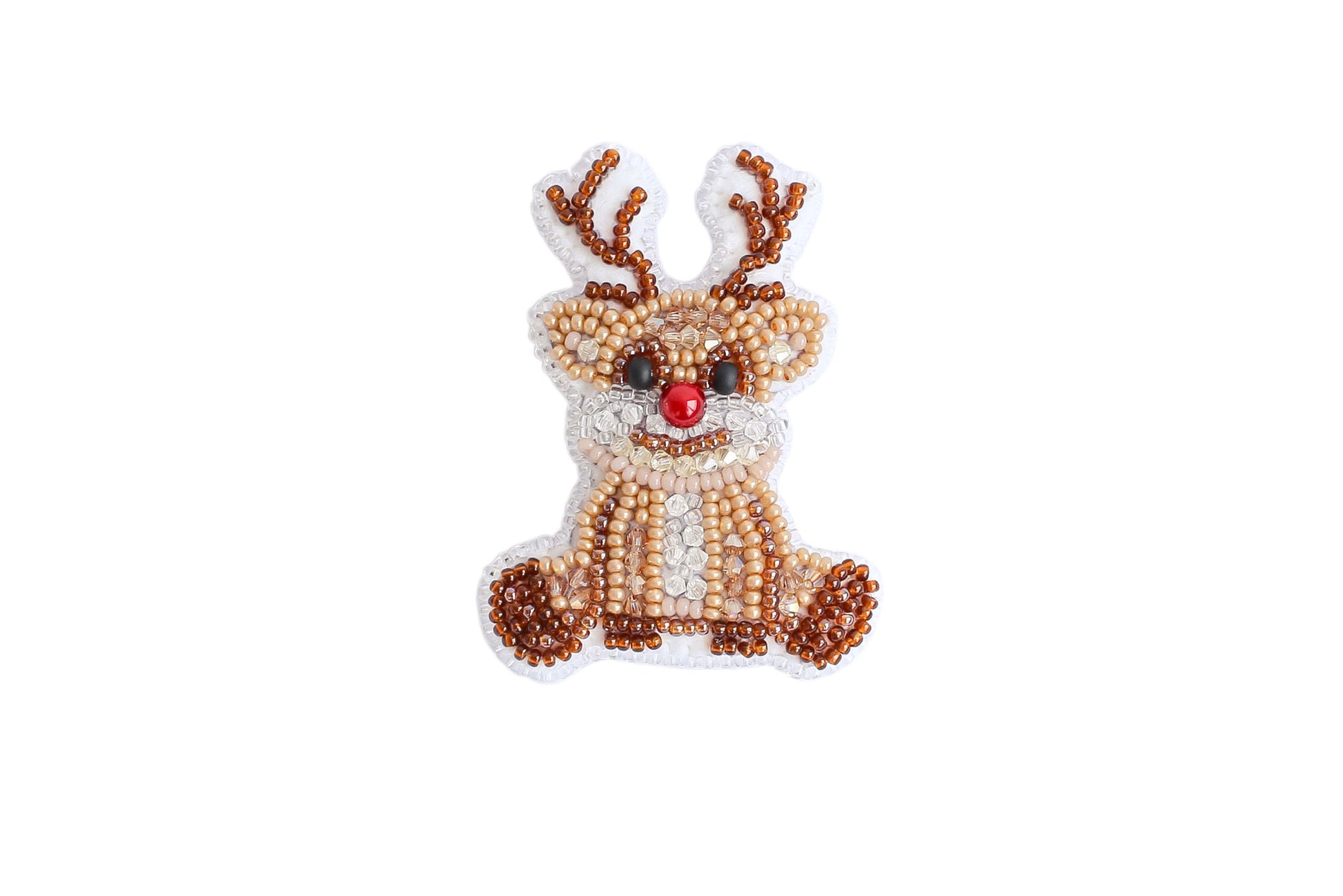 a beaded reindeer ornament with a red nose
