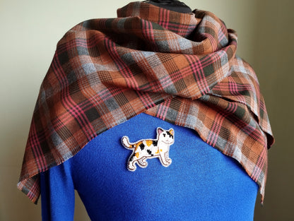A plaid scarf is draped over a blue sweater, with a small embroidered cat pin or badge pinned to the sweater.