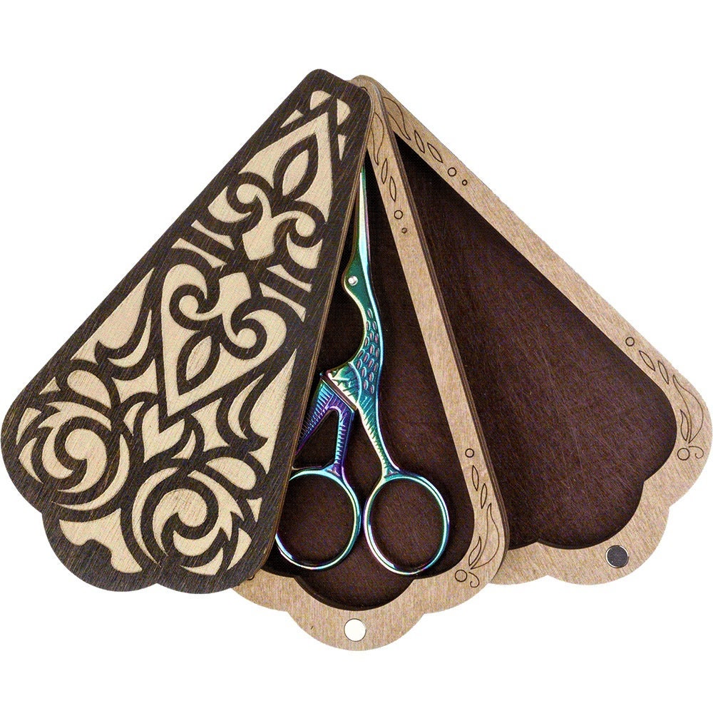 a pair of scissors sitting inside of a wooden case