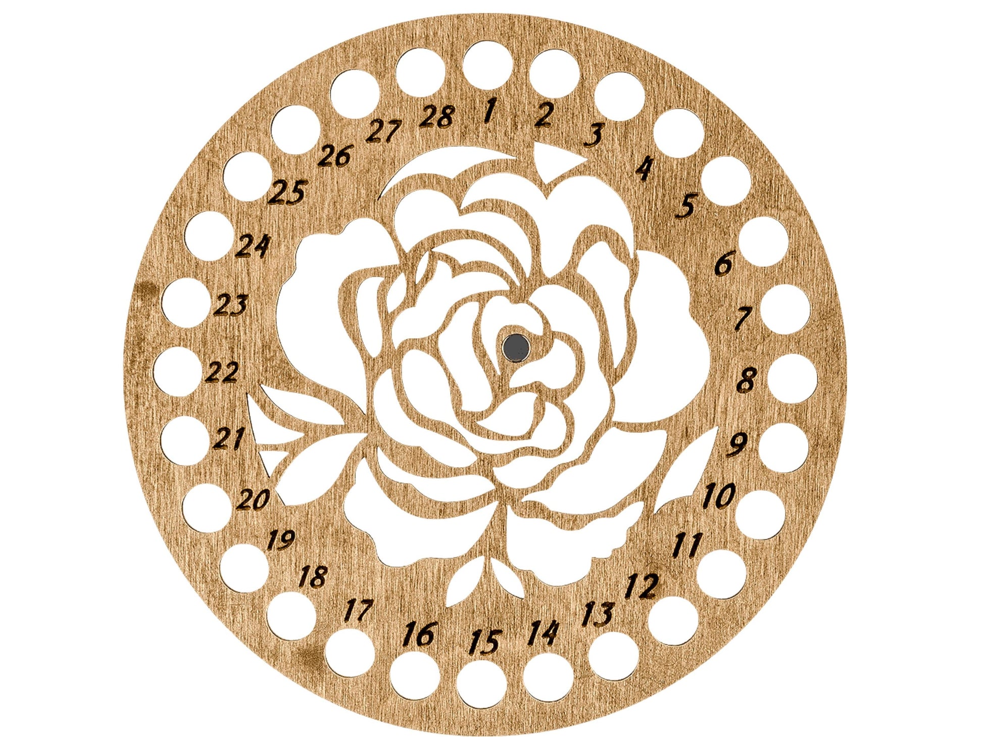 a wooden clock with a rose cut out of it