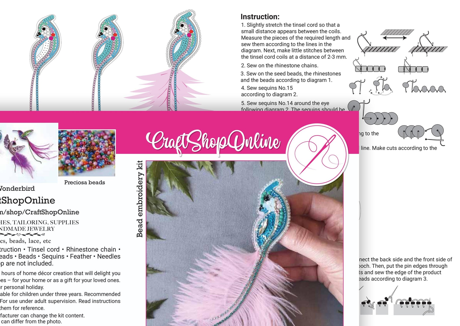 The image is a collage of various images related to the craft of beading, including a close-up of a hand holding a beaded item, a diagram of a beaded item, and instructions for creating a beaded item.