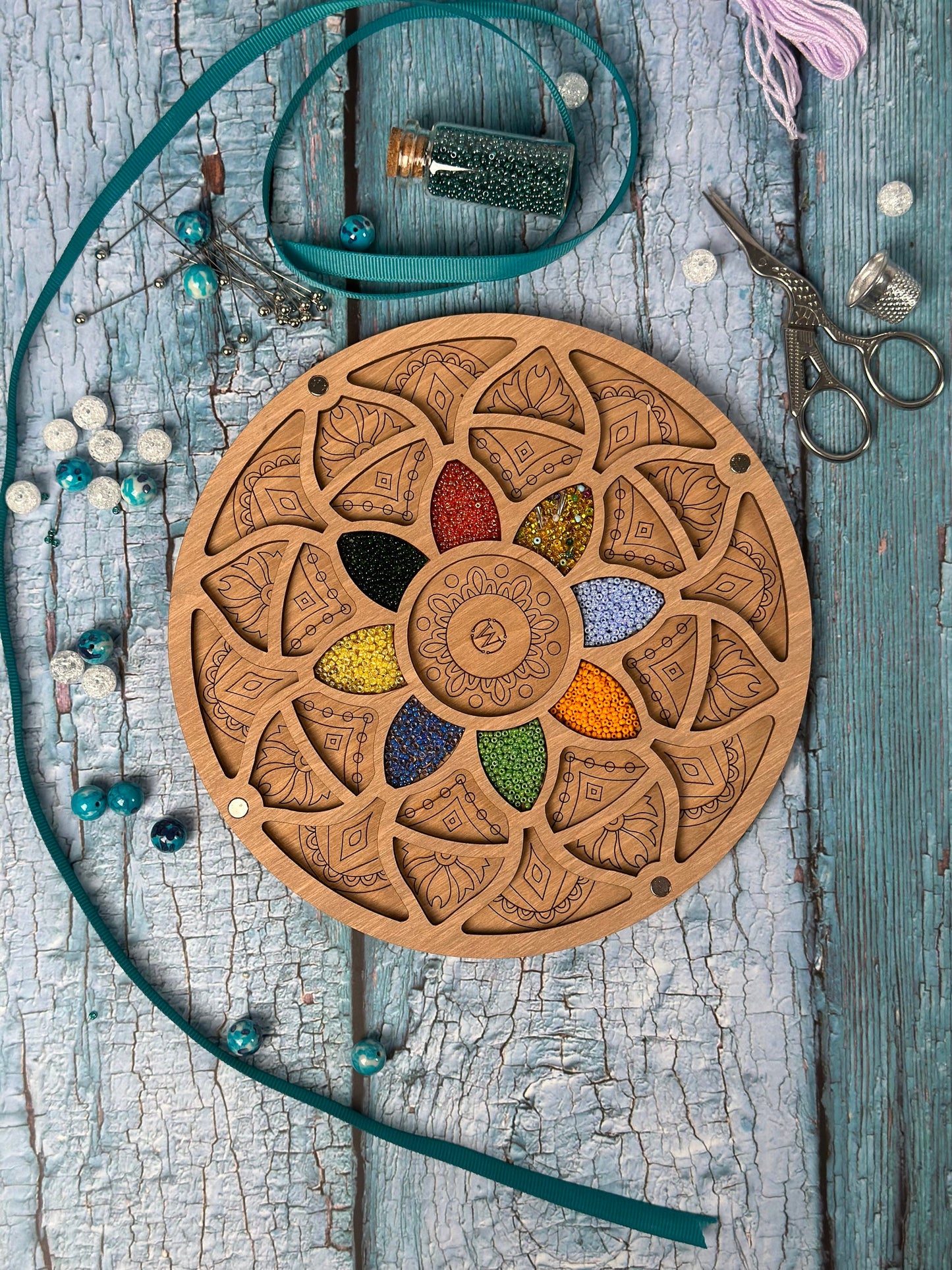 a wooden plate with a circular design on it