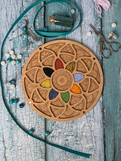 a wooden plate with a circular design on it