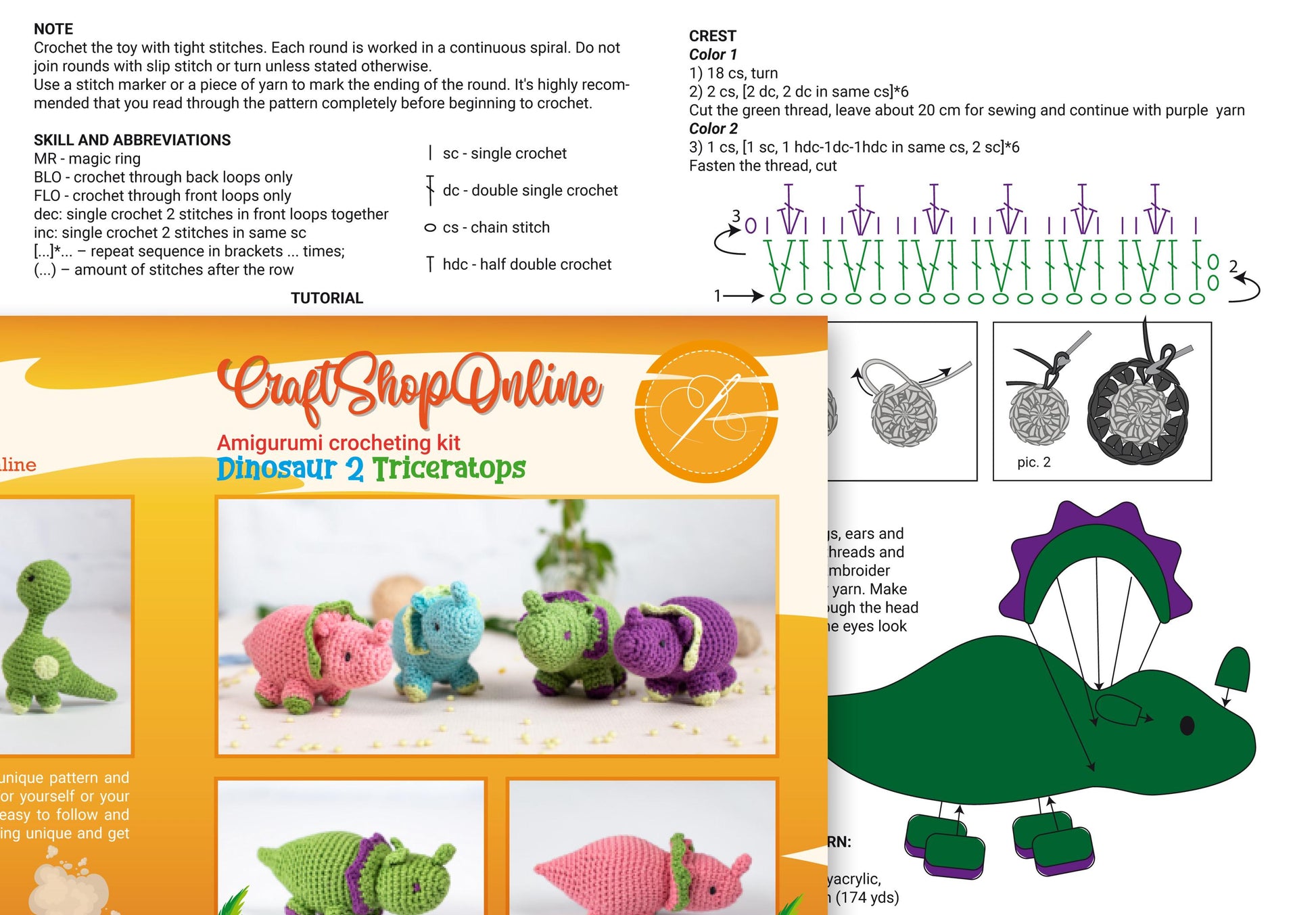 a brochure with a picture of a crocheted dinosaur