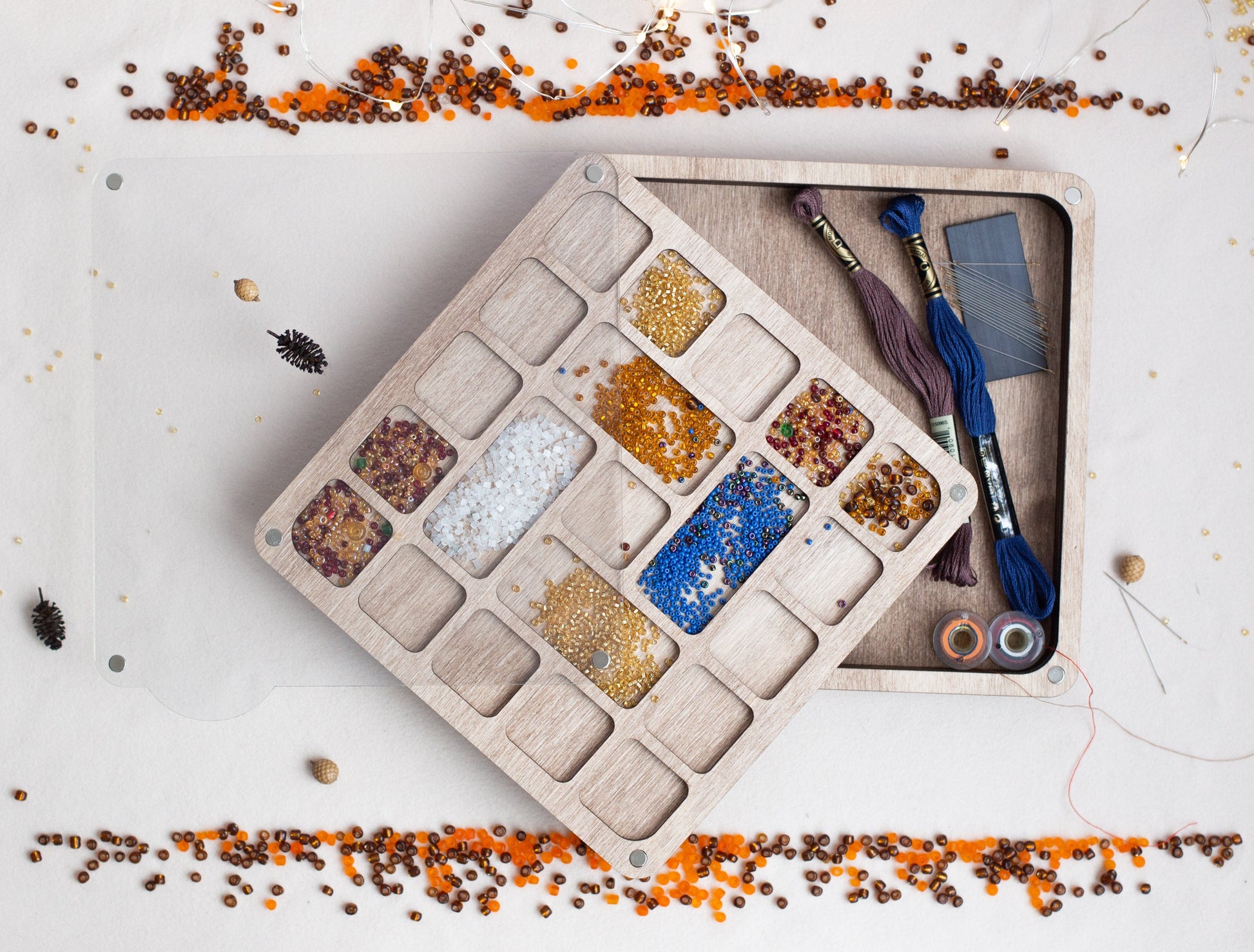 a wooden tray filled with different types of food