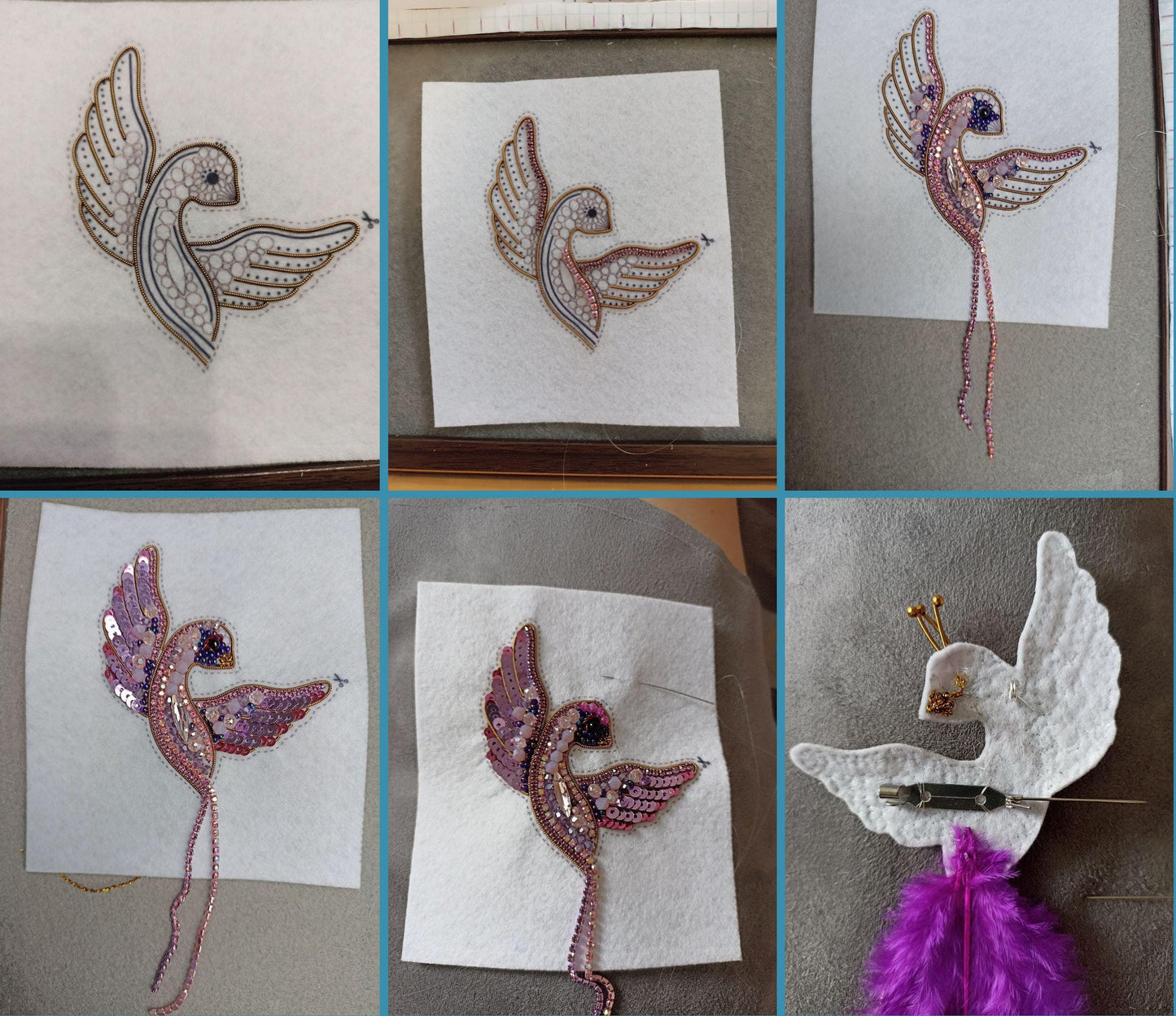The image is a collage of six photos depicting the process of creating a decorative bird embroidery piece. The photos show the initial design, the embroidery process, and the final product.