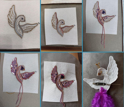 The image is a collage of six photos depicting the process of creating a decorative bird embroidery piece. The photos show the initial design, the embroidery process, and the final product.
