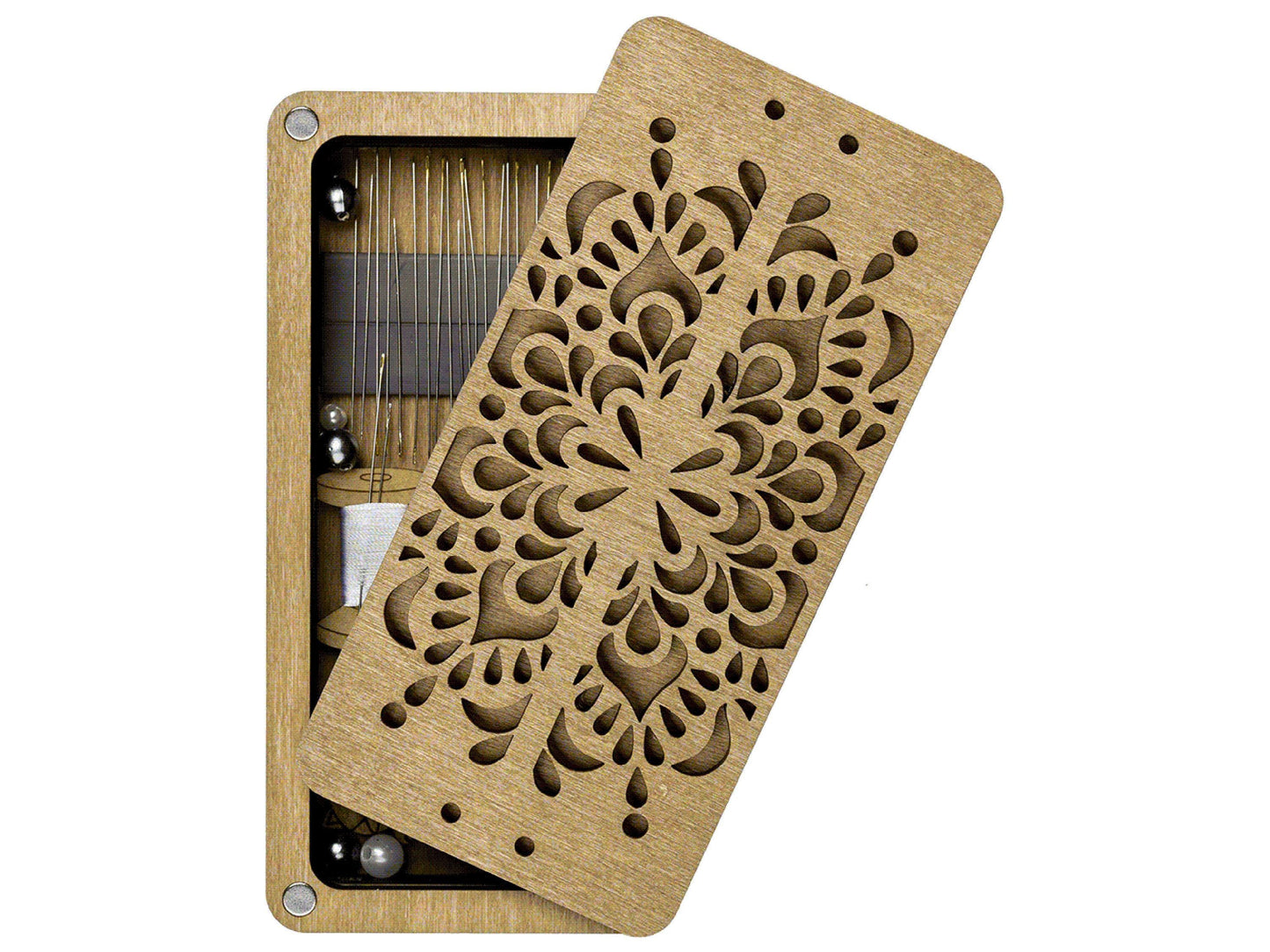 a wooden box with a pattern on it