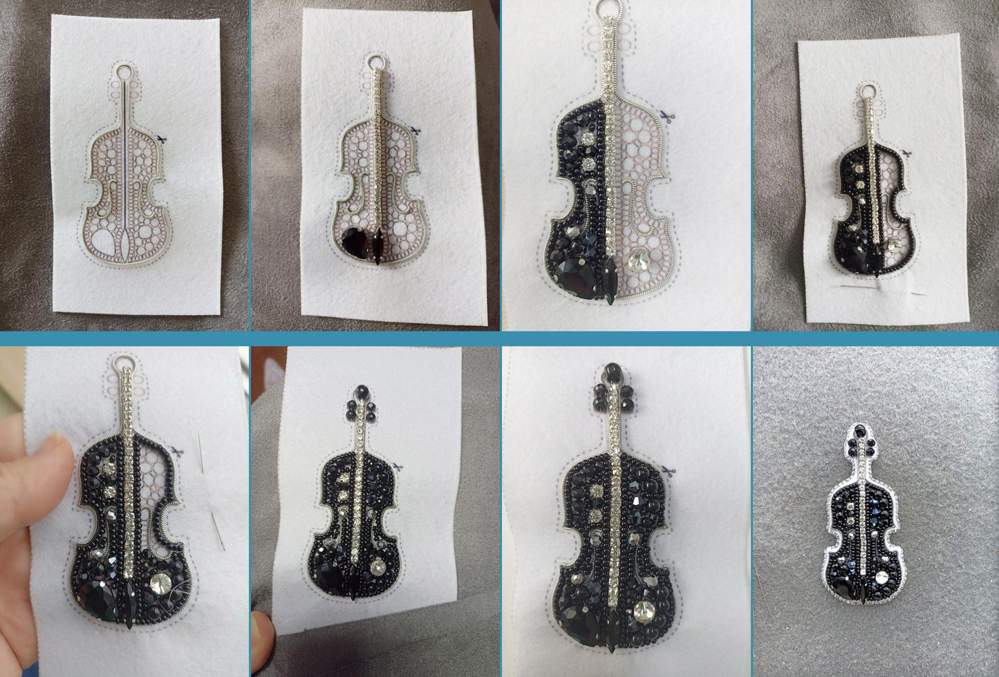 The image is a collage of six photographs depicting various stages of creating a beaded or embroidered design of a violin. The images show the initial design, the completed design, and the final product.