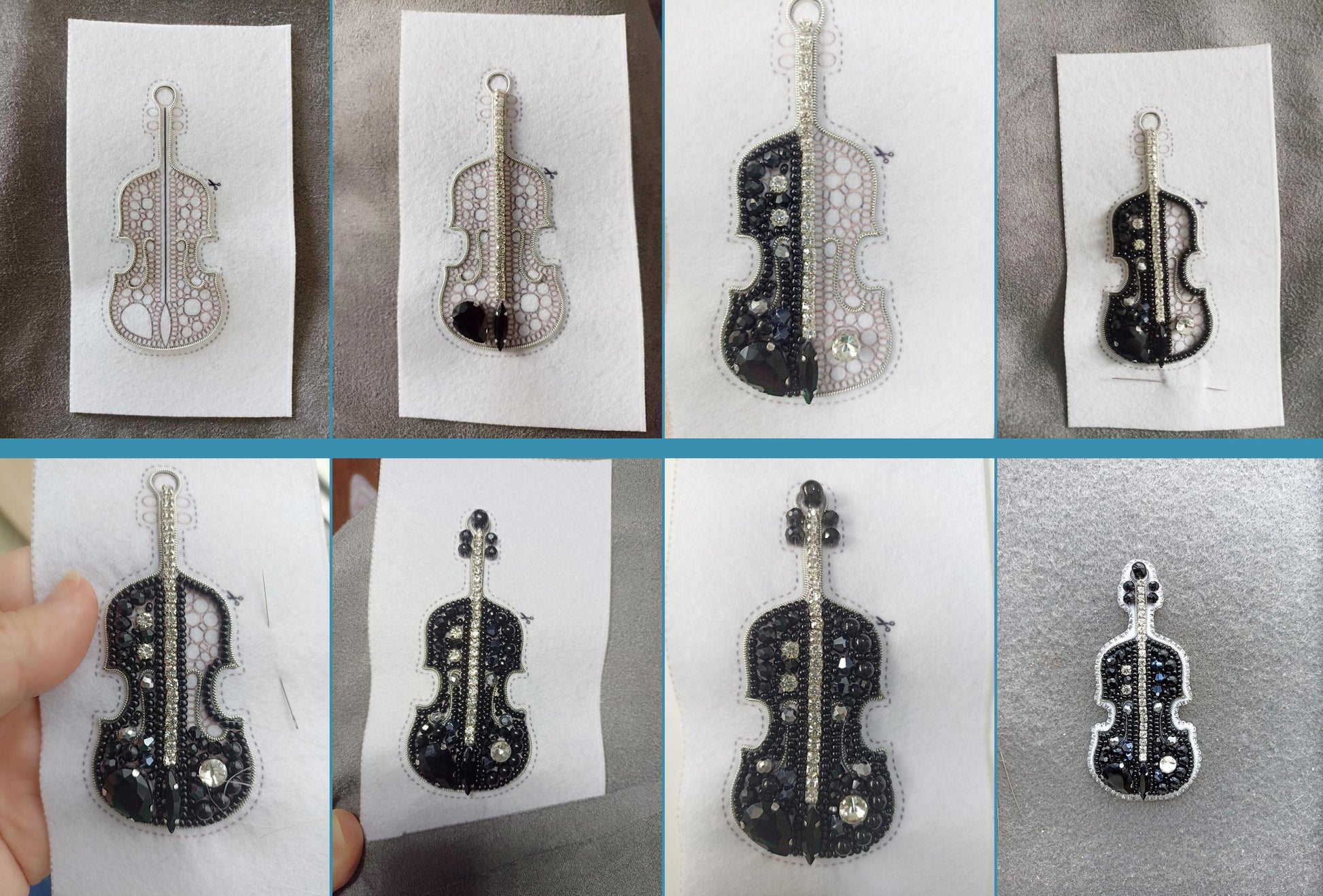 The image is a collage of six photographs depicting various stages of creating a beaded or embroidered design of a violin. The images show the initial design, the completed design, and the final product.