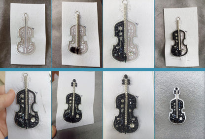 The image is a collage of six photographs depicting various stages of creating a beaded or embroidered design of a violin. The images show the initial design, the completed design, and the final product.