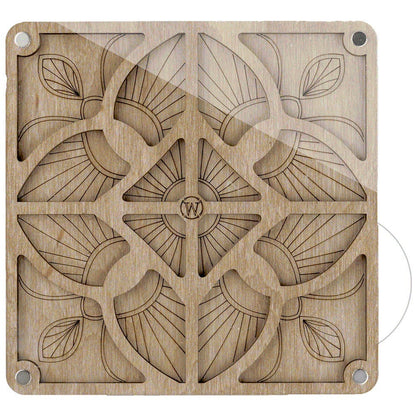 a wooden carving of a flower and leaves