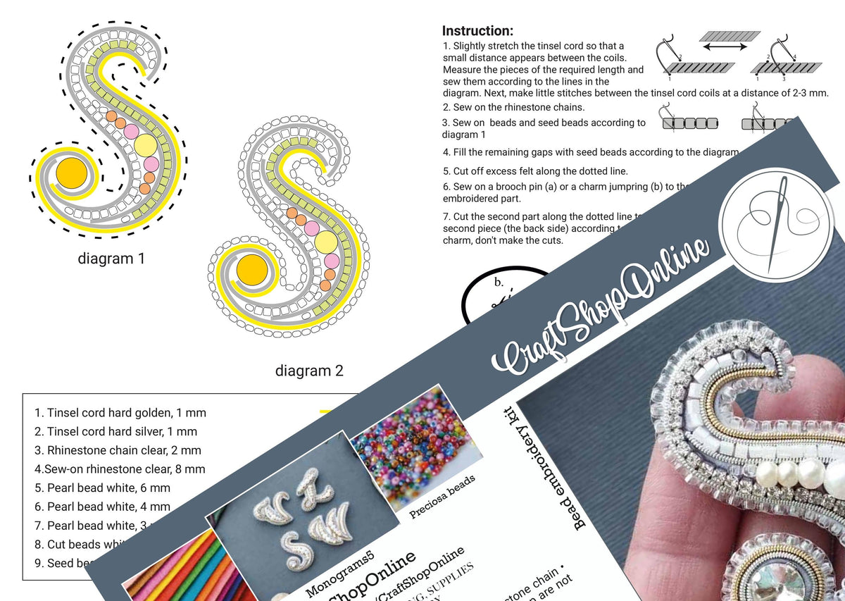 The image is a collage of two diagrams, one showing a detailed instruction for creating a beaded design and the other featuring a close-up of a hand holding a beaded piece of jewelry.