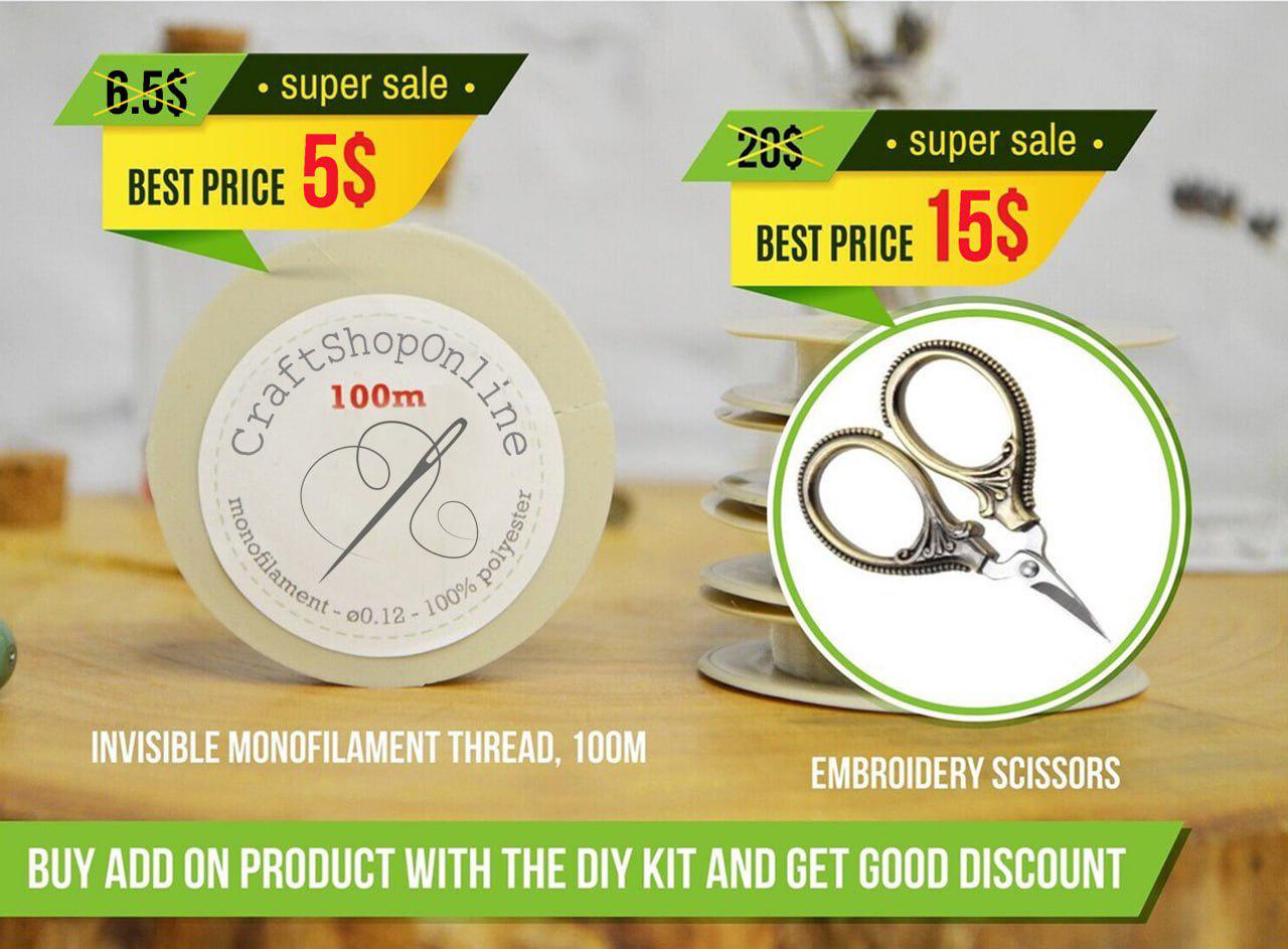 two price tags for sewing supplies, including a monofilament thread and embroidery scissors, with a DIY kit available. The tags indicate that the best price for the thread is 5 dollars, while the best price for the scissors is 15 dollars. The DIY kit is available for purchase with the sewing supplies, and the image encourages buying the kit to get a good discount.