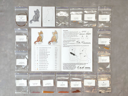various packages and instructions related to cat-related items, including cat toys, cat food, and cat supplies.