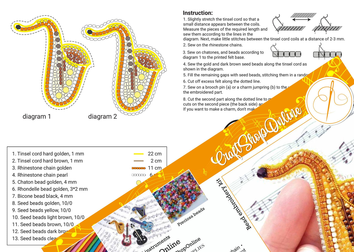 The image is a collage of two diagrams, each depicting a different type of bead craft, with instructions and a list of beads and tools.