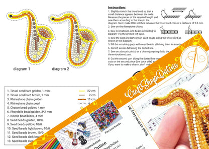 The image is a collage of two diagrams, each depicting a different type of bead craft, with instructions and a list of beads and tools.