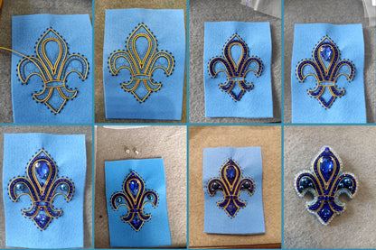 The image is a collage of six images showing different stages of a fleur-de-lis design, featuring blue felt pieces with gold accents and blue gemstones.