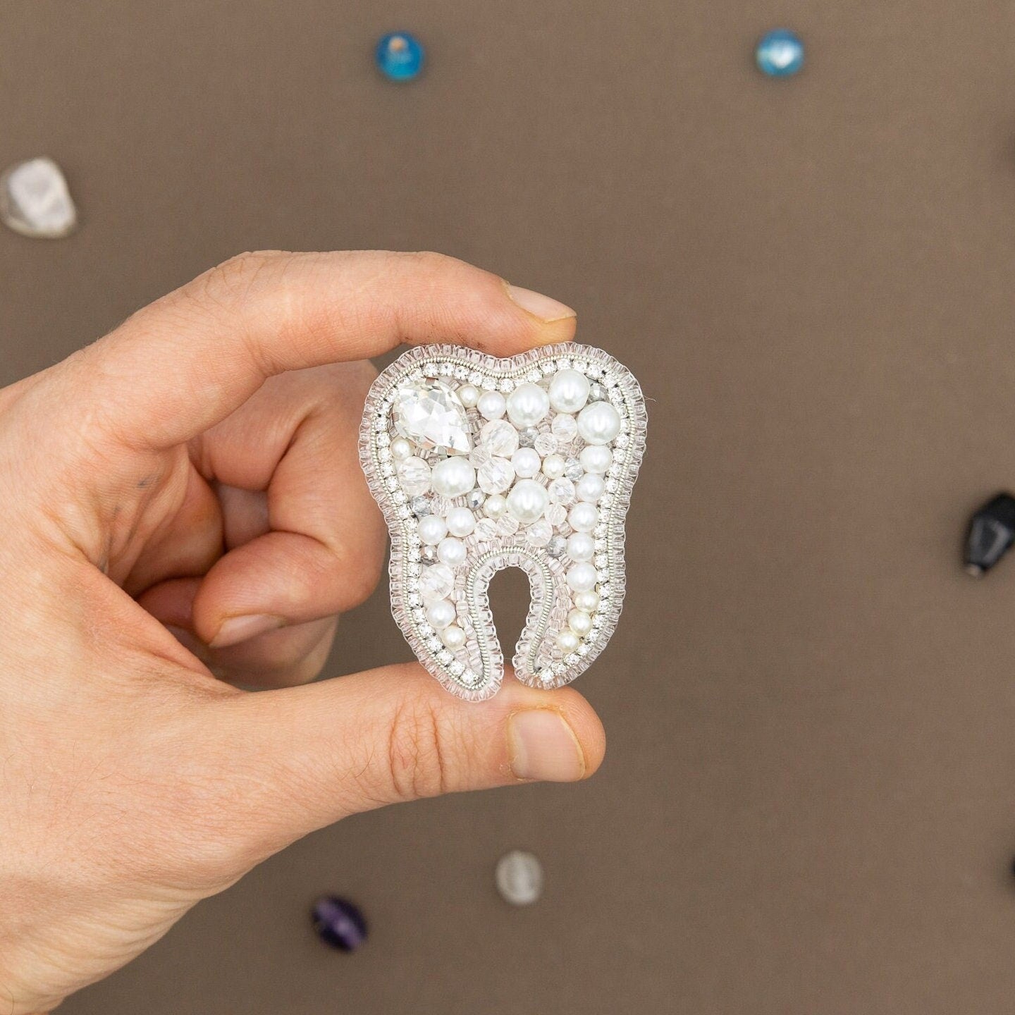 White Tooth - Readymade Beaded Brooch