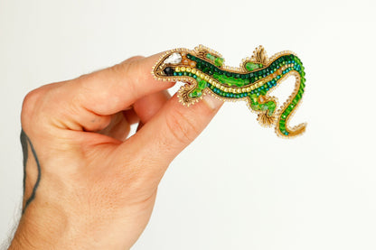 Green Lizard - Readymade Beaded Brooch