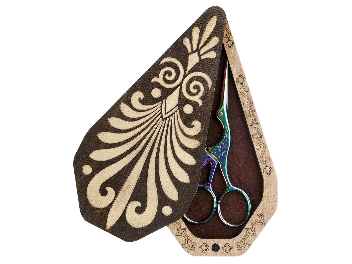 a pair of scissors sitting inside of a wooden case