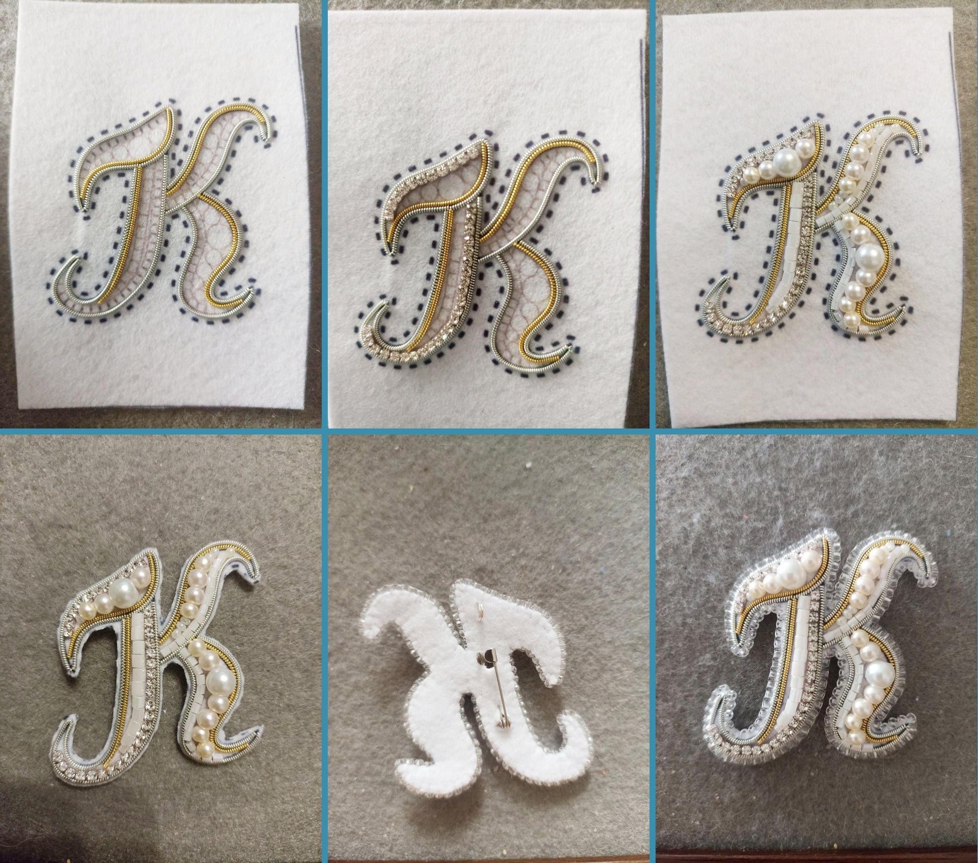 six different images of the letter 'K' with various embellishments, such as pearls, beads, and embroidery.