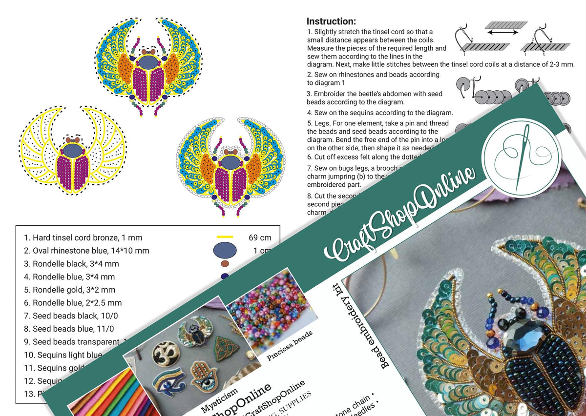 The image is a collage of various images related to crafting, including images of embroidery designs, bead patterns, and sewing instructions.