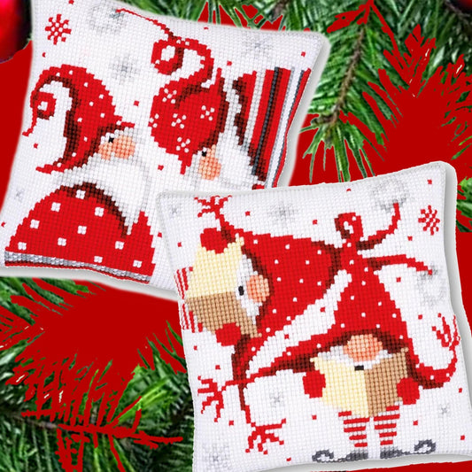 Red Gnomes Embroidery Pillow Kit | DIY Christmas Cross Stitch Cushion Cover