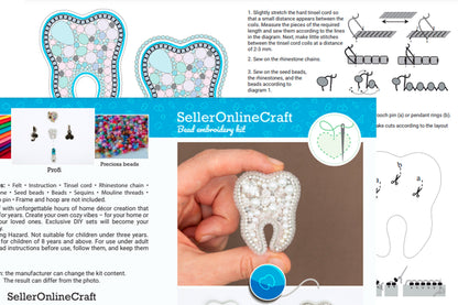 Bead Embroidery Kit Dentist. Seed Bead Brooch kit. DIY Craft kit. Tooth Beading kit. Needlework beading. Handmade Jewelry Making Kit