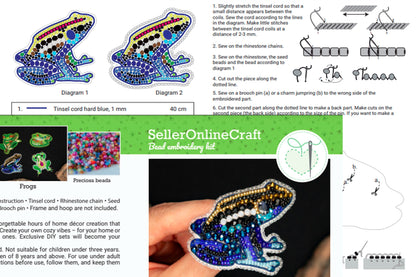 Bead Embroidery Kit - Set of 4 Frogs, DIY Craft kits, Cute Beaded Brooches, Jewelry Making Kits for Adults, Needlework beading