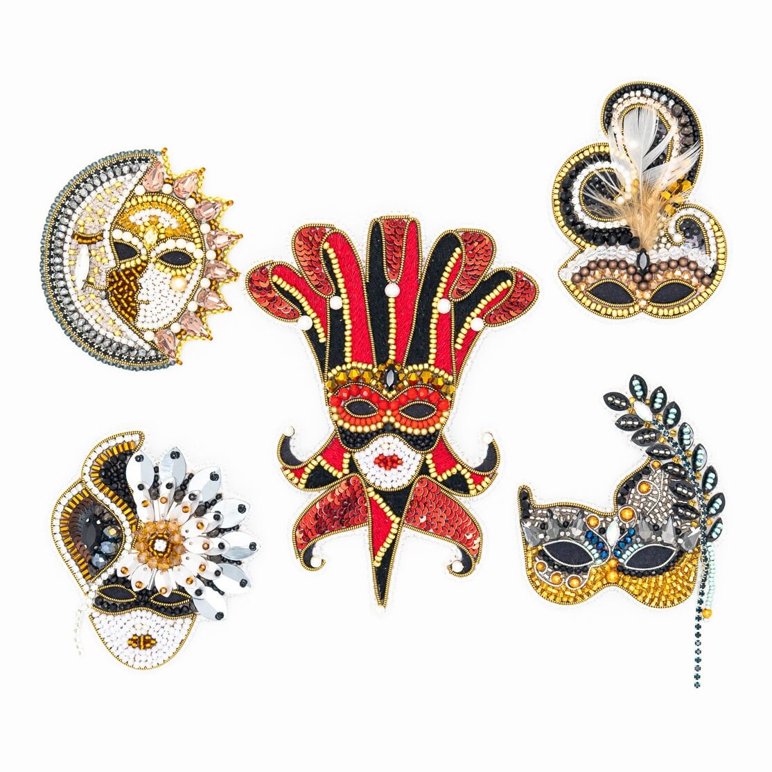 Bead Embroidery Kit - Set of 5 Masks, DIY Craft kits, Carnival of Venice Beaded Brooches, Jewelry Making Kits for Adults, Needlework beading