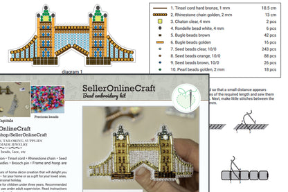 Bead Embroidery Kit Tower Bridge. Seed Bead Brooch kit. DIY Craft kit. London Beading kit. Needlework beading. Handmade Jewelry Making Kit