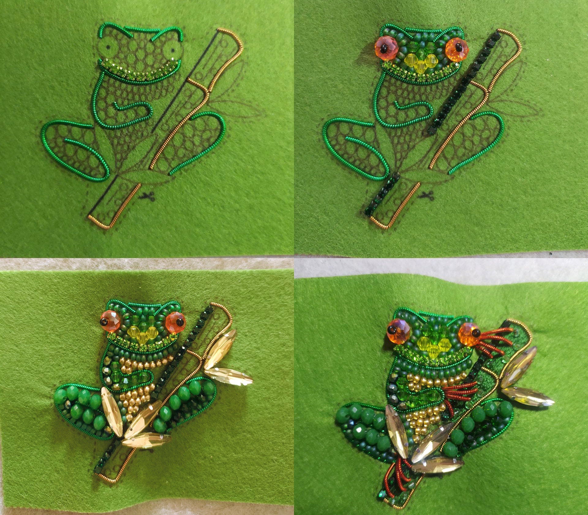 four pictures of frog brooches on a green background