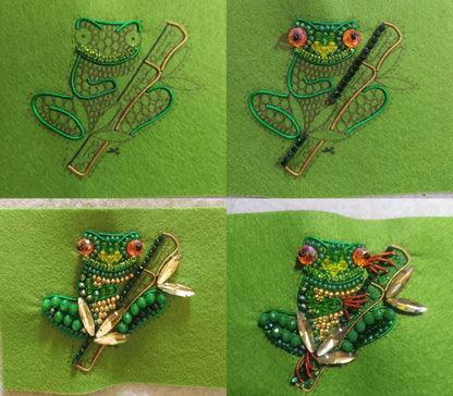 four pictures of frog brooches on a green background