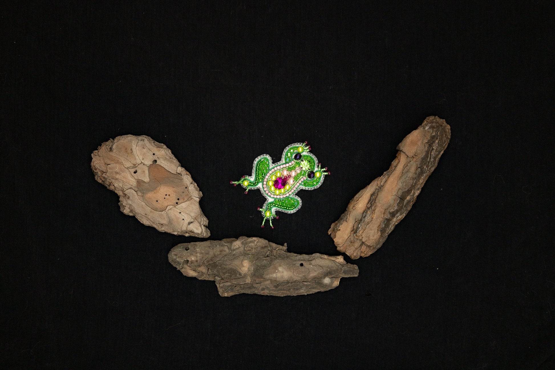 a piece of wood with a green lizard on it