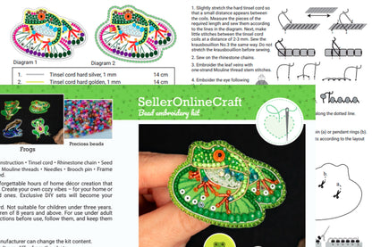 Bead Embroidery Kit Frog. Seed Bead Brooch kit. DIY Craft kit. Beading kit. Needlework beading. Handmade Jewelry Making Kit