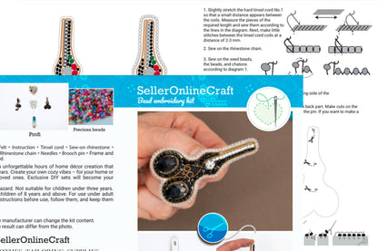 Bead Embroidery Kit Scissors. Seed Bead Brooch kit. DIY Craft kit. Tailor Beading kit. Needlework beading. Handmade Jewelry Making Kit