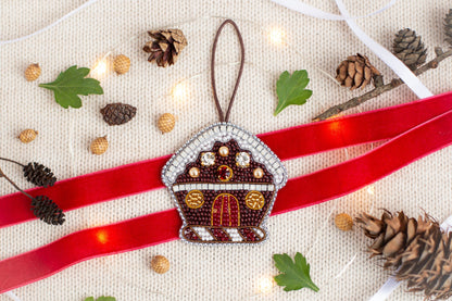 Bead Embroidery Kit Christmas Gingerbread House. Seed Bead Brooch kit. DIY Craft kit. Needlework beading. Handmade Jewelry Making Kit