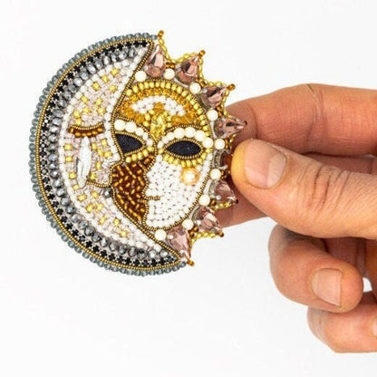 Bead Embroidery Kit Sun and Moon Mask. Seed Bead Brooch kit. DIY Craft kit. Beading kit. Needlework beading. Handmade Jewelry Making Kit