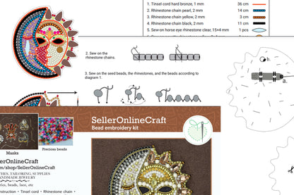 Bead Embroidery Kit Sun and Moon Mask. Seed Bead Brooch kit. DIY Craft kit. Beading kit. Needlework beading. Handmade Jewelry Making Kit